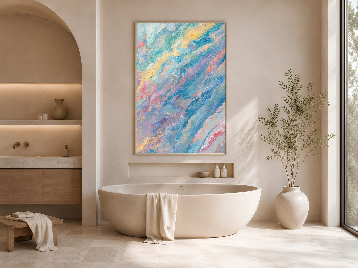 Pastel teal pink abstract swirl wall art in gold frame beside freestanding bathtub in bright neutral bathroom with vase
