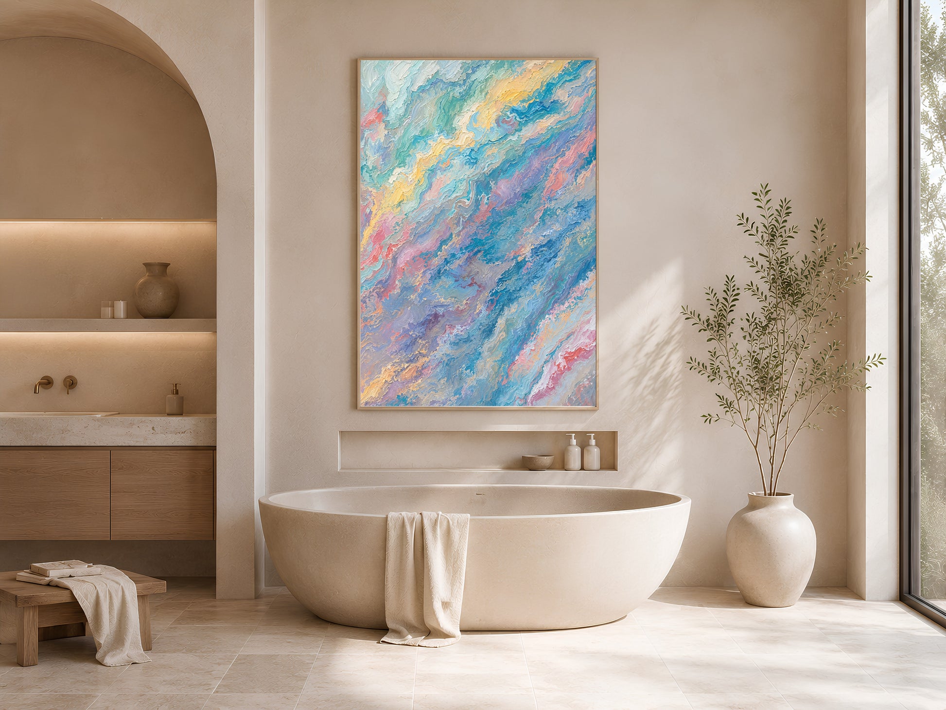 Pastel teal pink abstract swirl wall art in gold frame beside freestanding bathtub in bright neutral bathroom with vase
