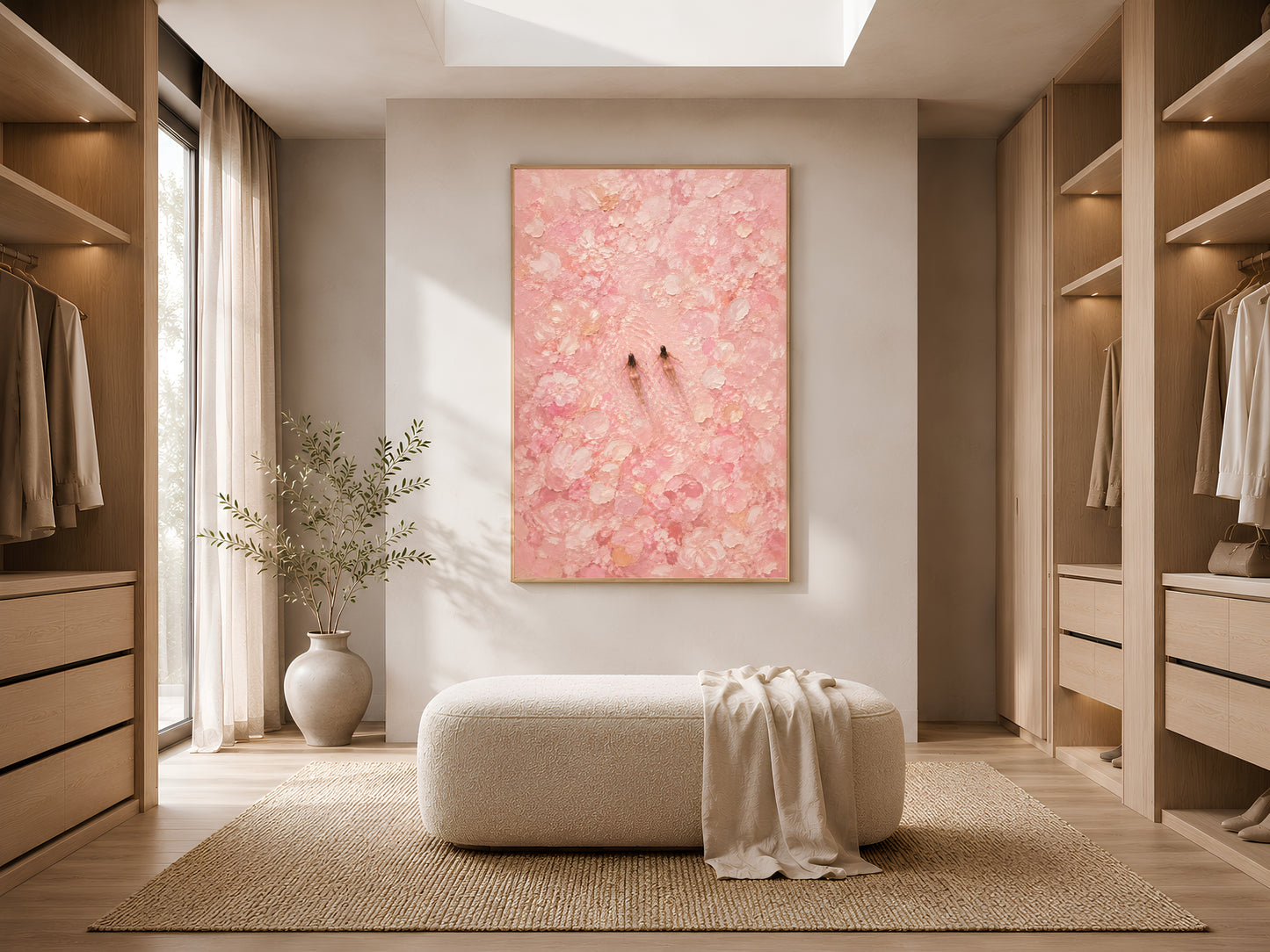 Pink impasto swimmers wall art in a gold frame inside a bright walk-in wardrobe with white cabinetry and a linen ottoman

