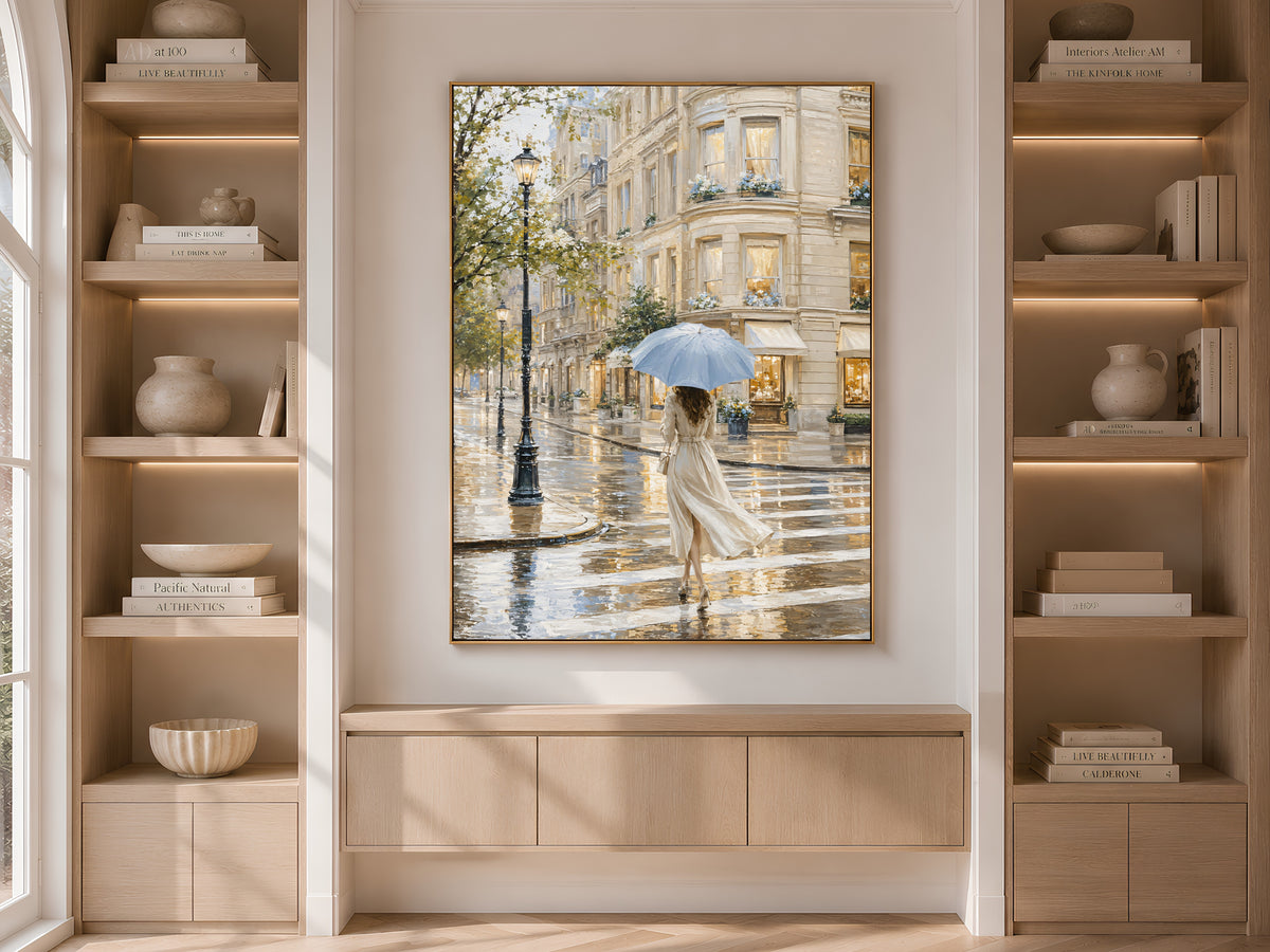 Woman With Umbrella Print, Rainy European Street Painting - Digital Download
