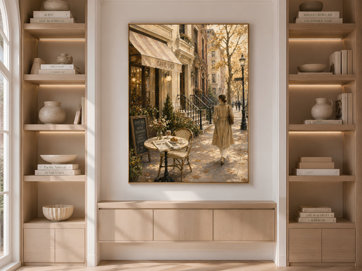 NYC cafe wall art framed and displayed in built-in bookshelf nook with neutral decor