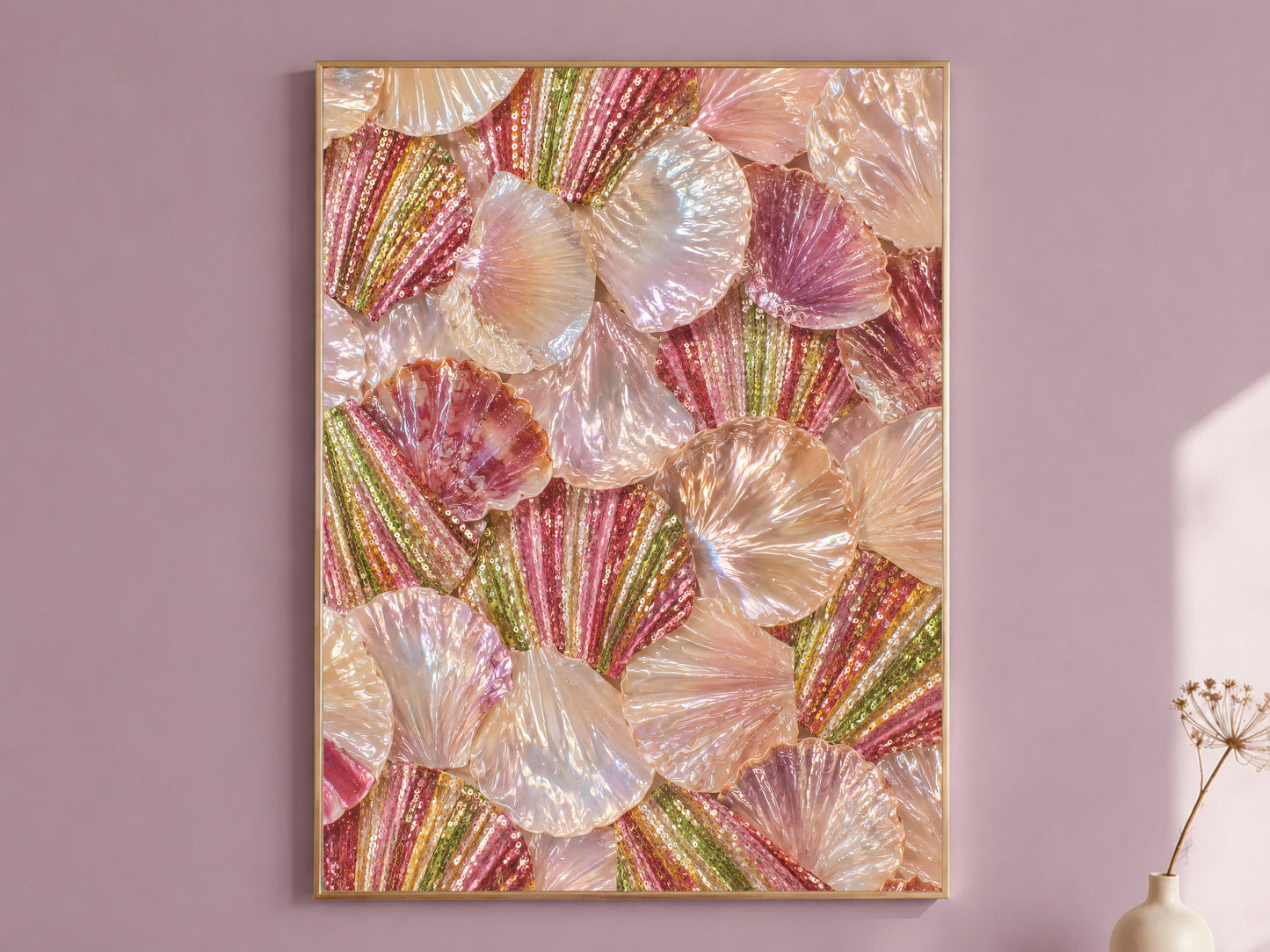 Iridescent shell wall art print, glam coastal painting with shimmering pearl and mauve seashells, pearlescent digital download
