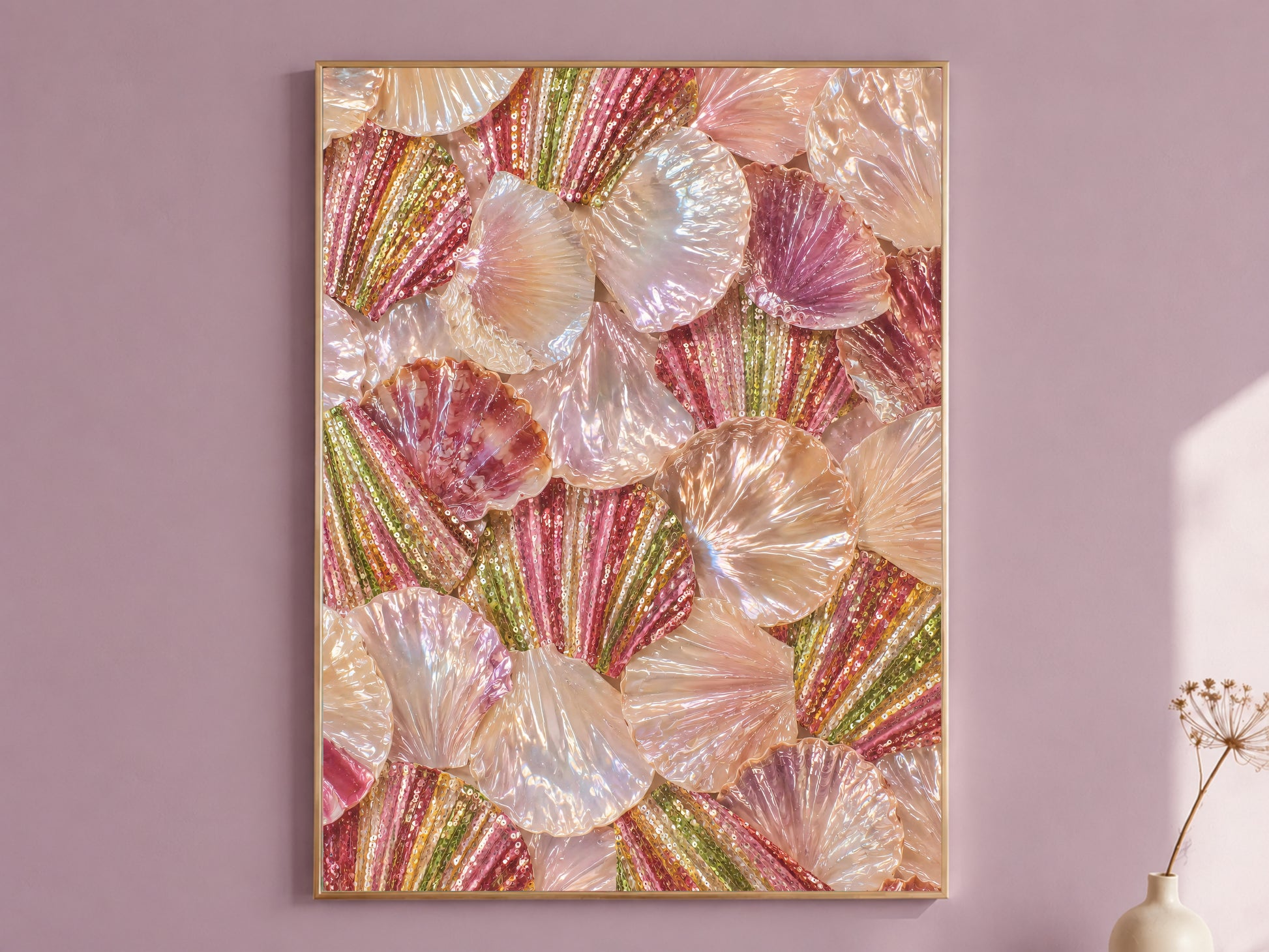 Iridescent shell wall art print, glam coastal painting with shimmering pearl and mauve seashells, pearlescent digital download