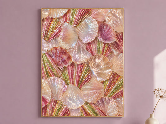 Iridescent shell wall art print, glam coastal painting with shimmering pearl and mauve seashells, pearlescent digital download