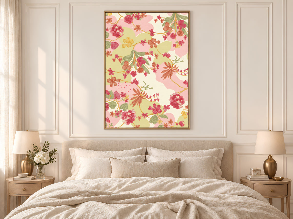 Pink and Green Floral Wall Art, Vintage Botanical Pattern Print, Grandmillennial Chinoiserie Style Flowers, Printable Digital Download