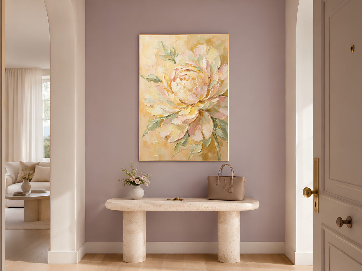 Butter Yellow Peony Wall Art, Blush Pink Impasto Floral Print - Digital Download