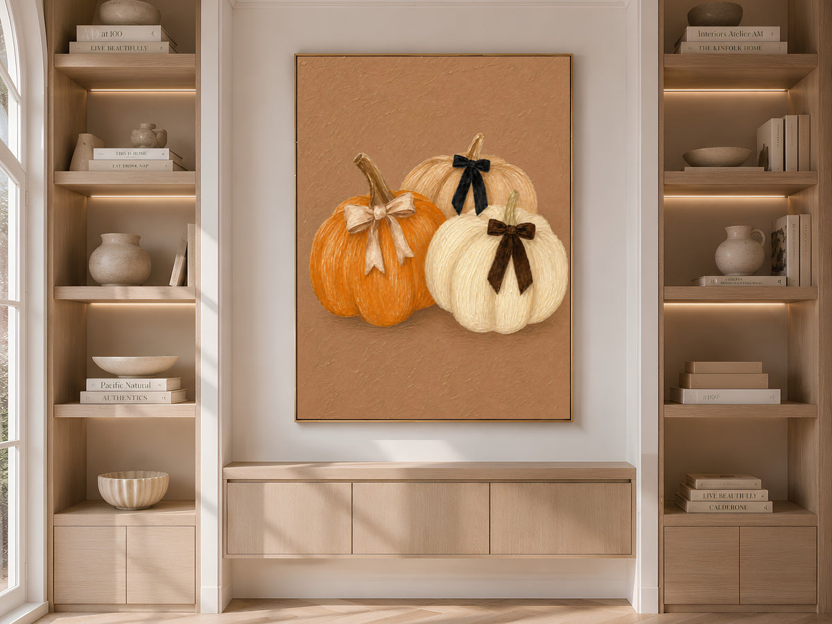 Pumpkin trio wall art with velvet bows displayed between styled bookshelves