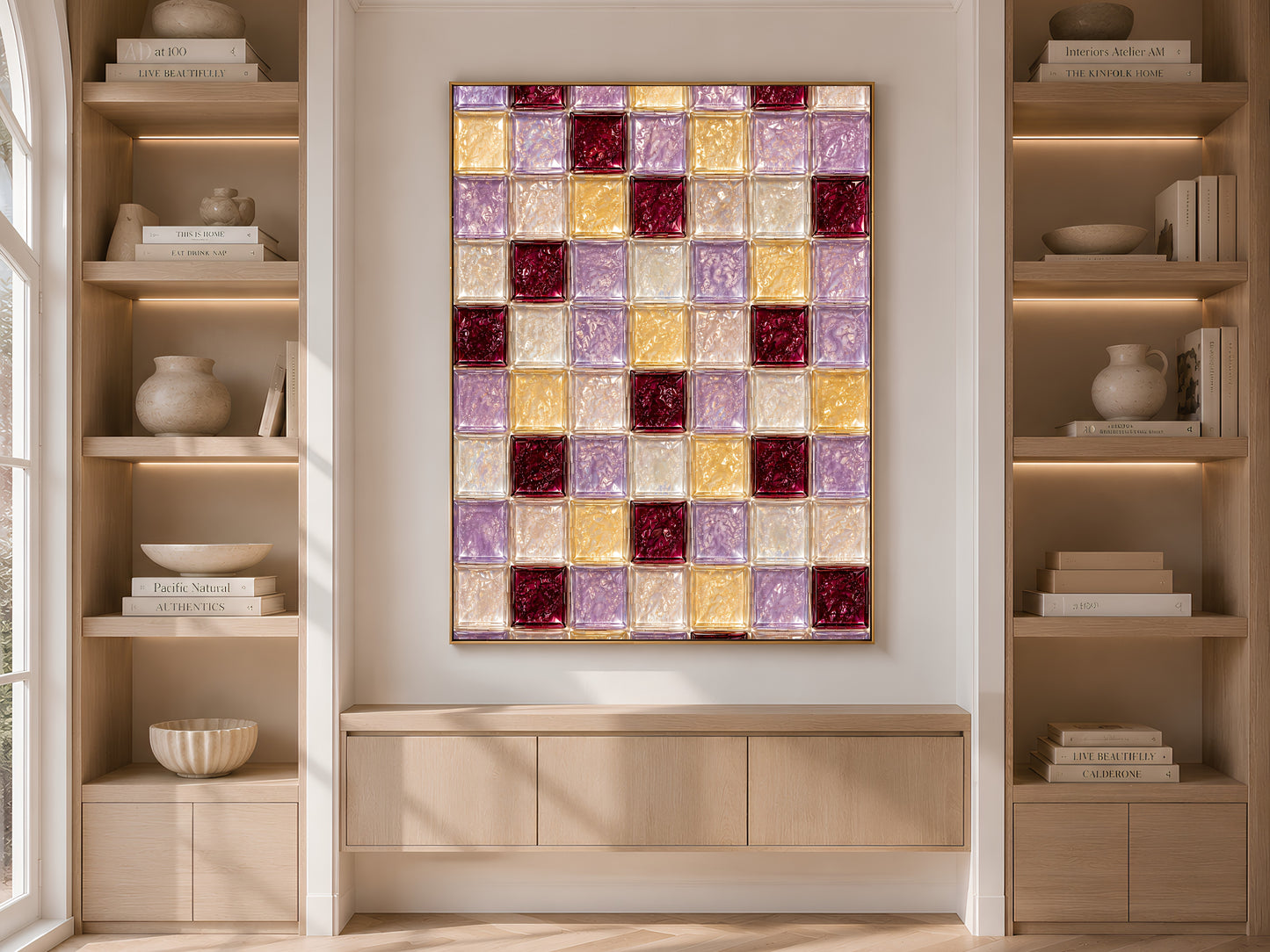 Lilac and gold tile art framed on built-in shelving with books and decor