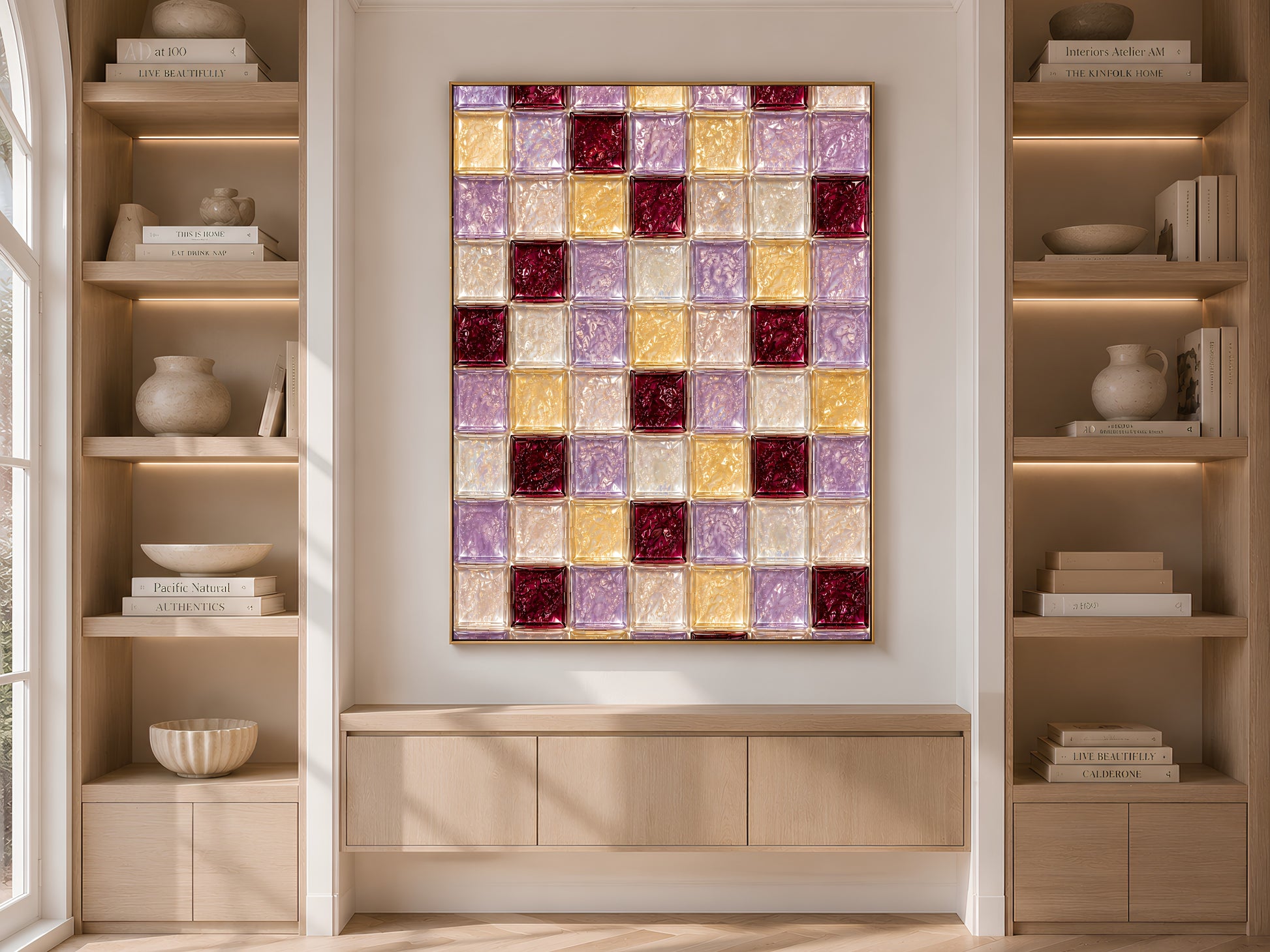 Lilac and gold tile art framed on built-in shelving with books and decor