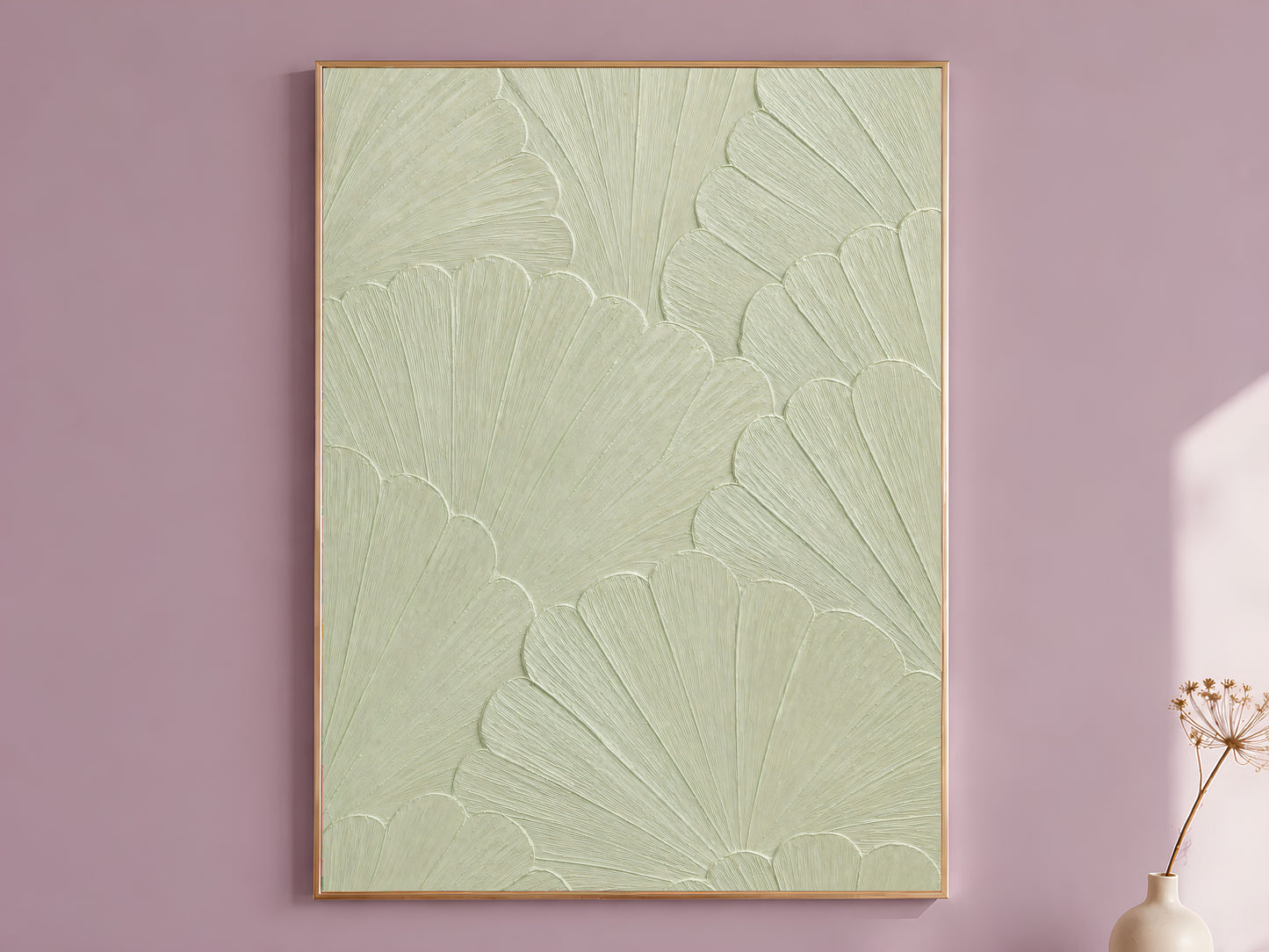 Celadon scallop mosaic print in a thin gold frame against a mauve wall with dried flowers, sage green wall art
