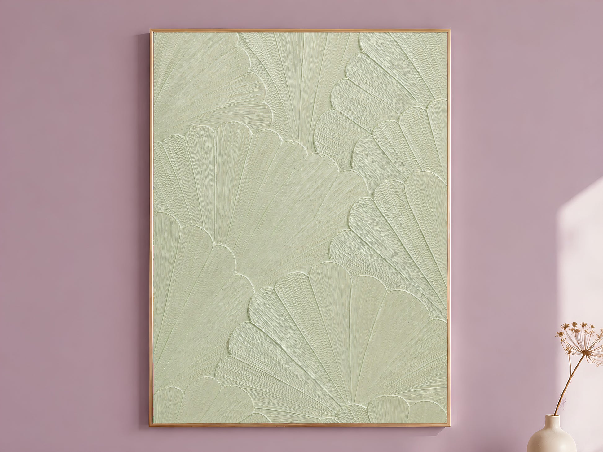 Celadon scallop mosaic print in a thin gold frame against a mauve wall with dried flowers, sage green wall art

