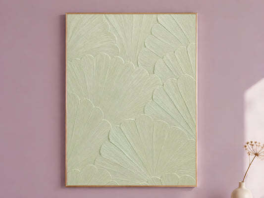 Celadon scallop mosaic print in a thin gold frame against a mauve wall with dried flowers, sage green wall art
