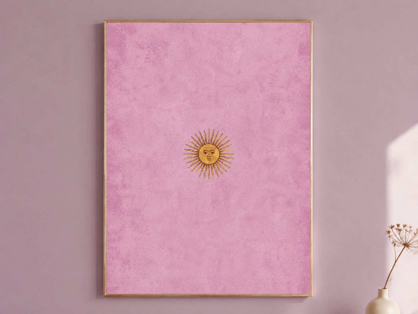 Vintage sun face wall art print, gold celestial medallion on dusty pink plaster background, minimalist tarot sun digital download