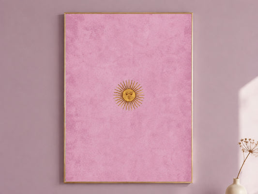 Vintage sun face wall art print, gold celestial medallion on dusty pink plaster background, minimalist tarot sun digital download