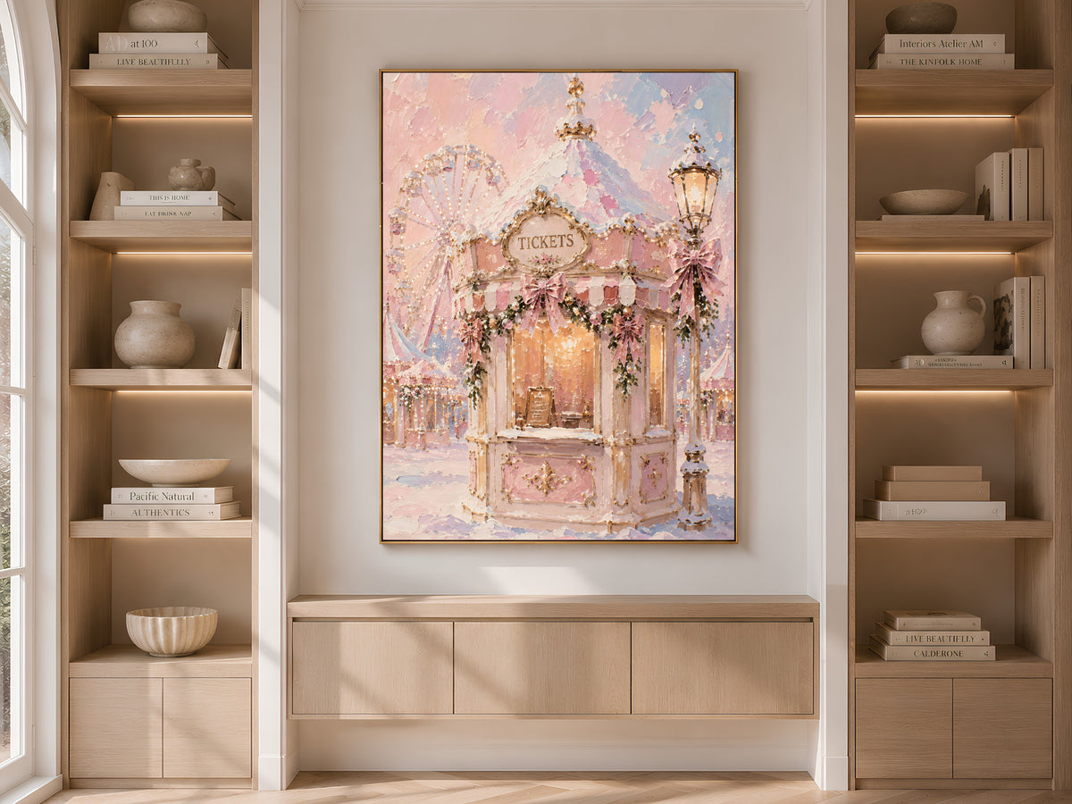 Pink ticket booth painting framed on built-in bookshelves styled with books and vases