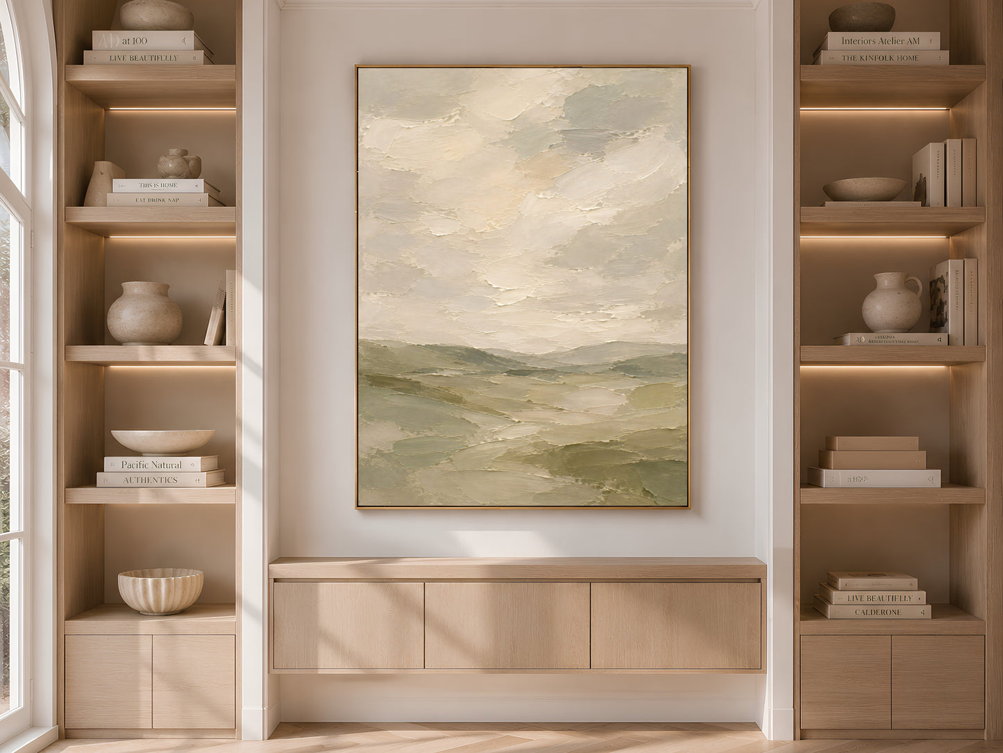 Sage green misty hills landscape wall art print displayed above a built-in cabinet between bookshelves