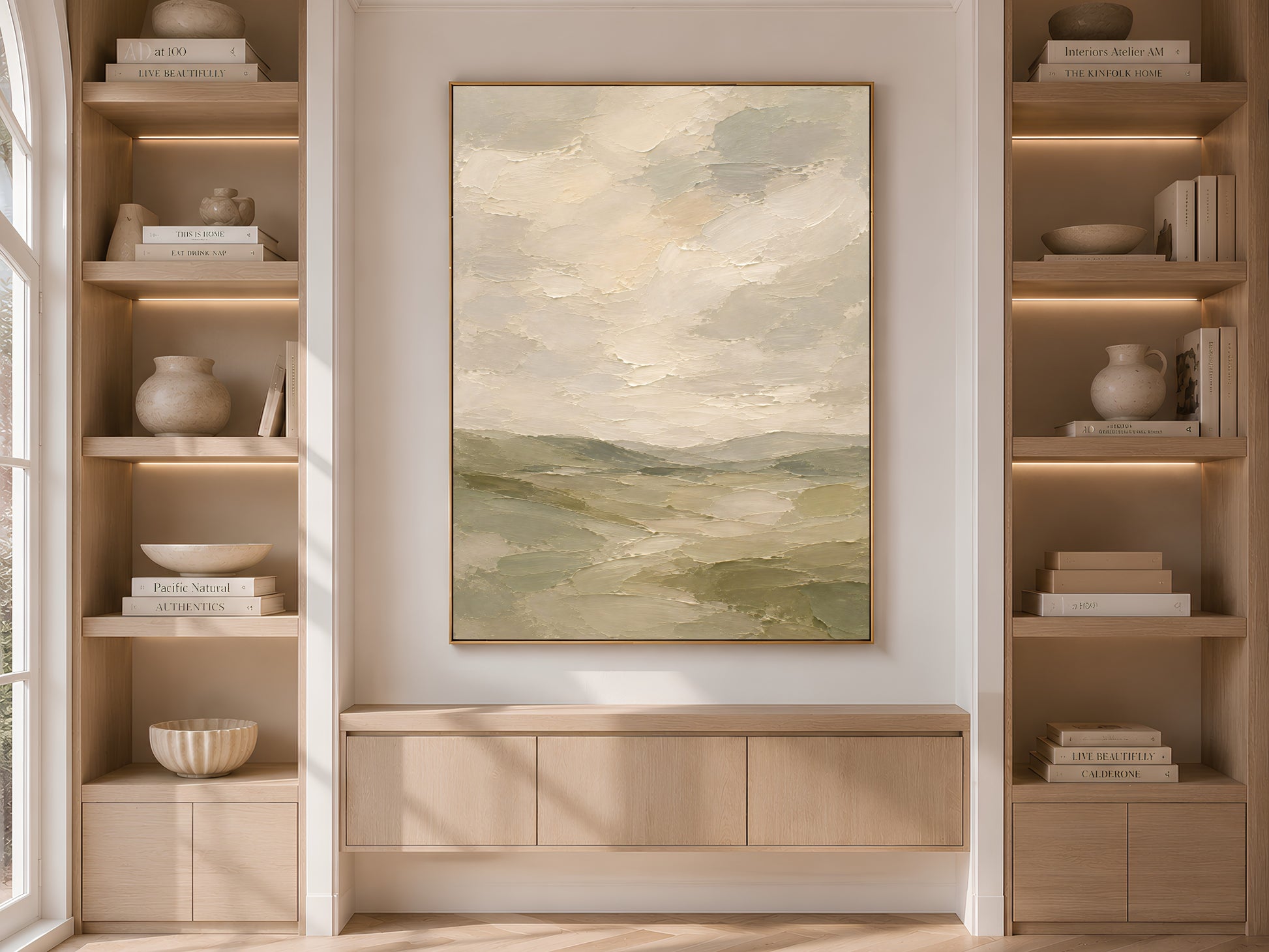 Sage green misty hills landscape wall art print displayed above a built-in cabinet between bookshelves