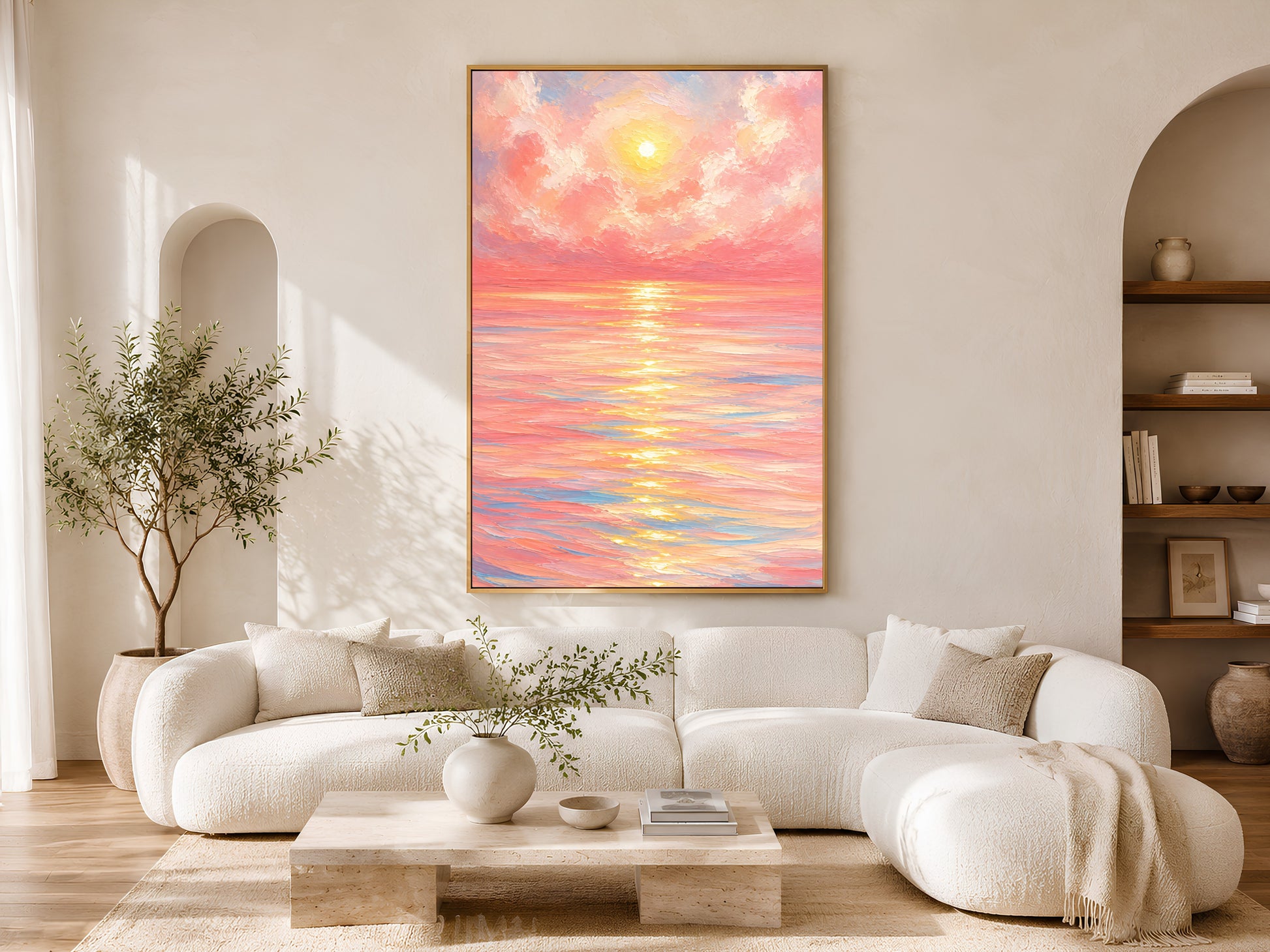 Framed impasto pink sunset ocean print on warm white wall in minimal living room with curved cream sofa and arch window

