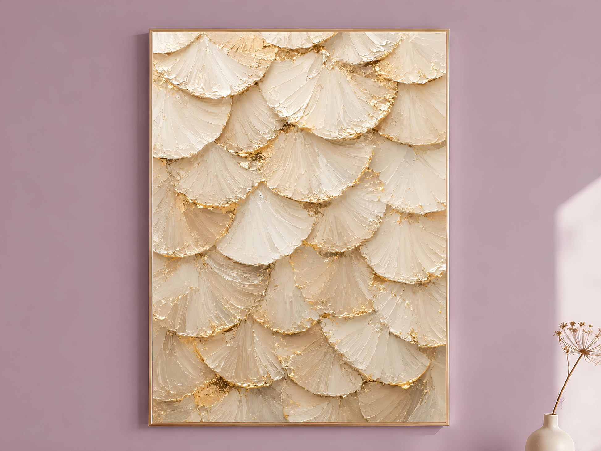 Ginkgo leaf wall art print in ivory and gold hanging in dusty mauve room
