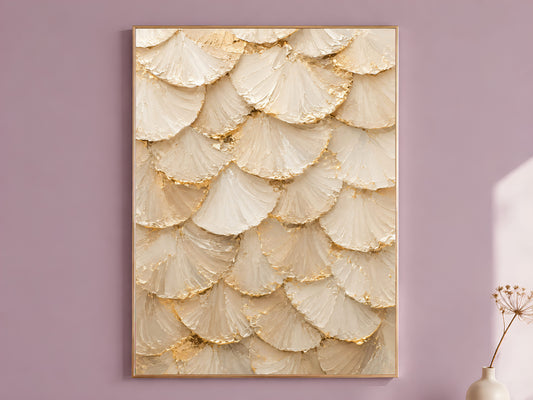 Ginkgo leaf wall art print in ivory and gold hanging in dusty mauve room
