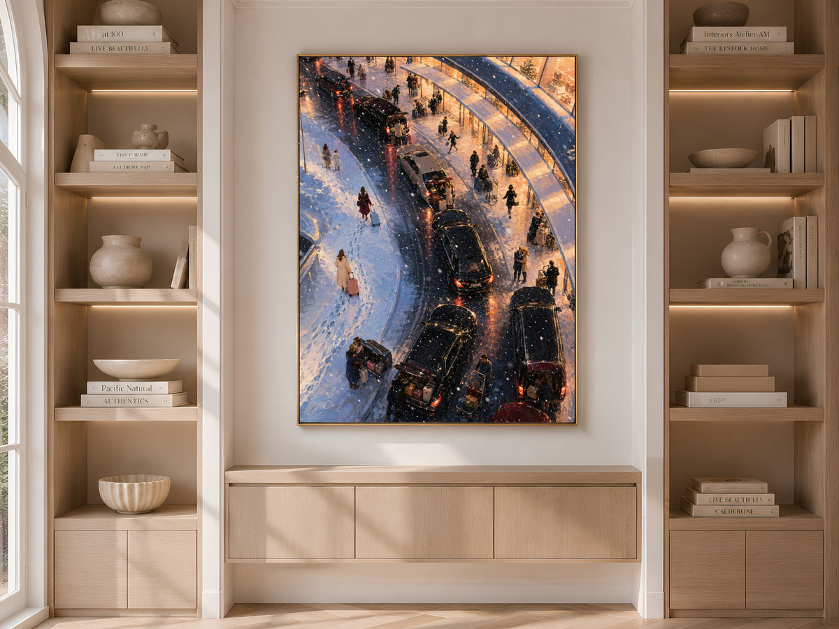 Snowy airport wall art framed on built-in bookshelf in neutral living room