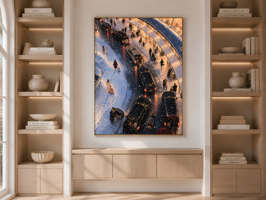 Snowy airport wall art framed on built-in bookshelf in neutral living room