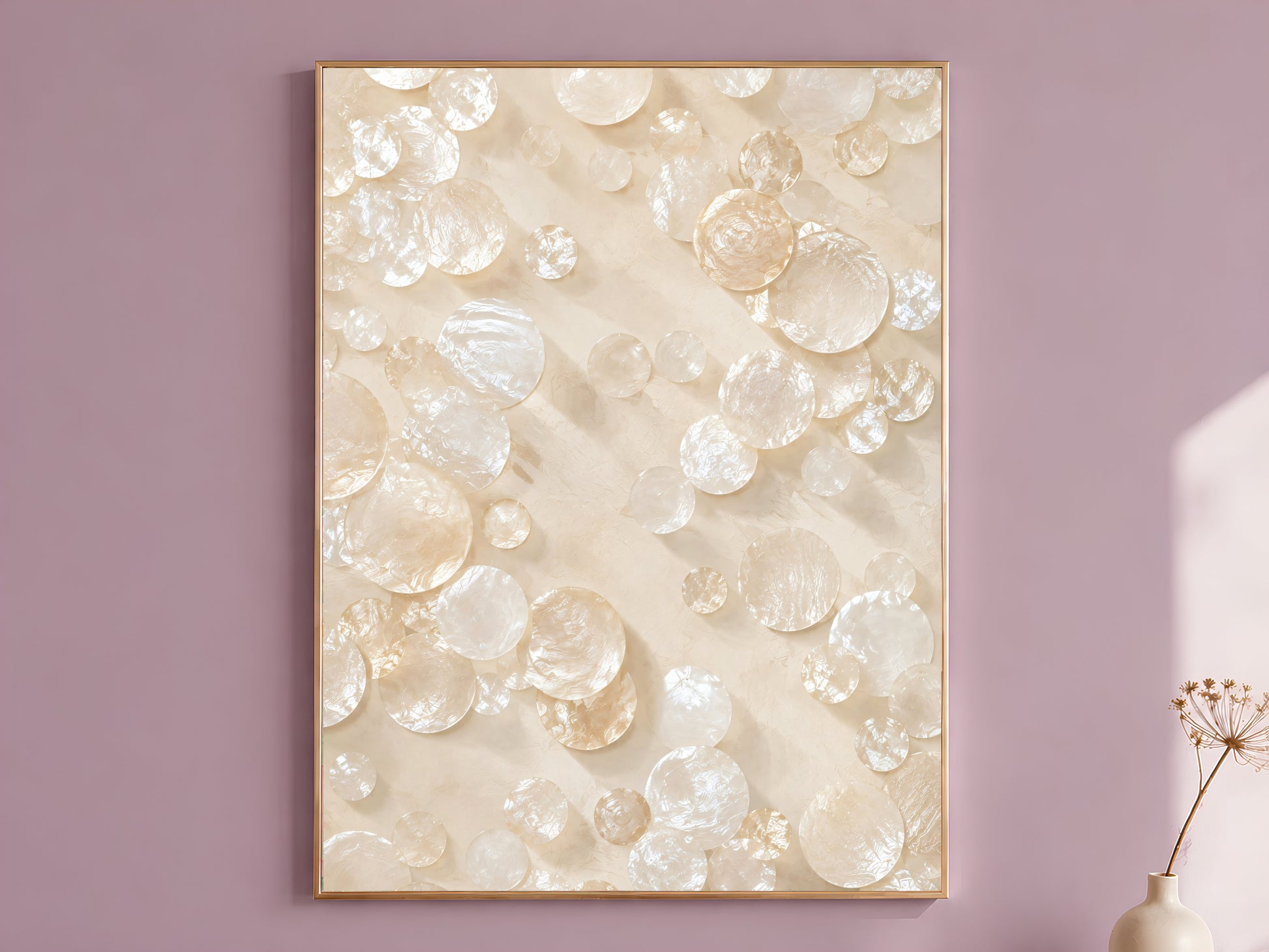 Framed capiz shell wall art print in ivory and champagne mother-of-pearl mosaic hanging on a dusty mauve wall

