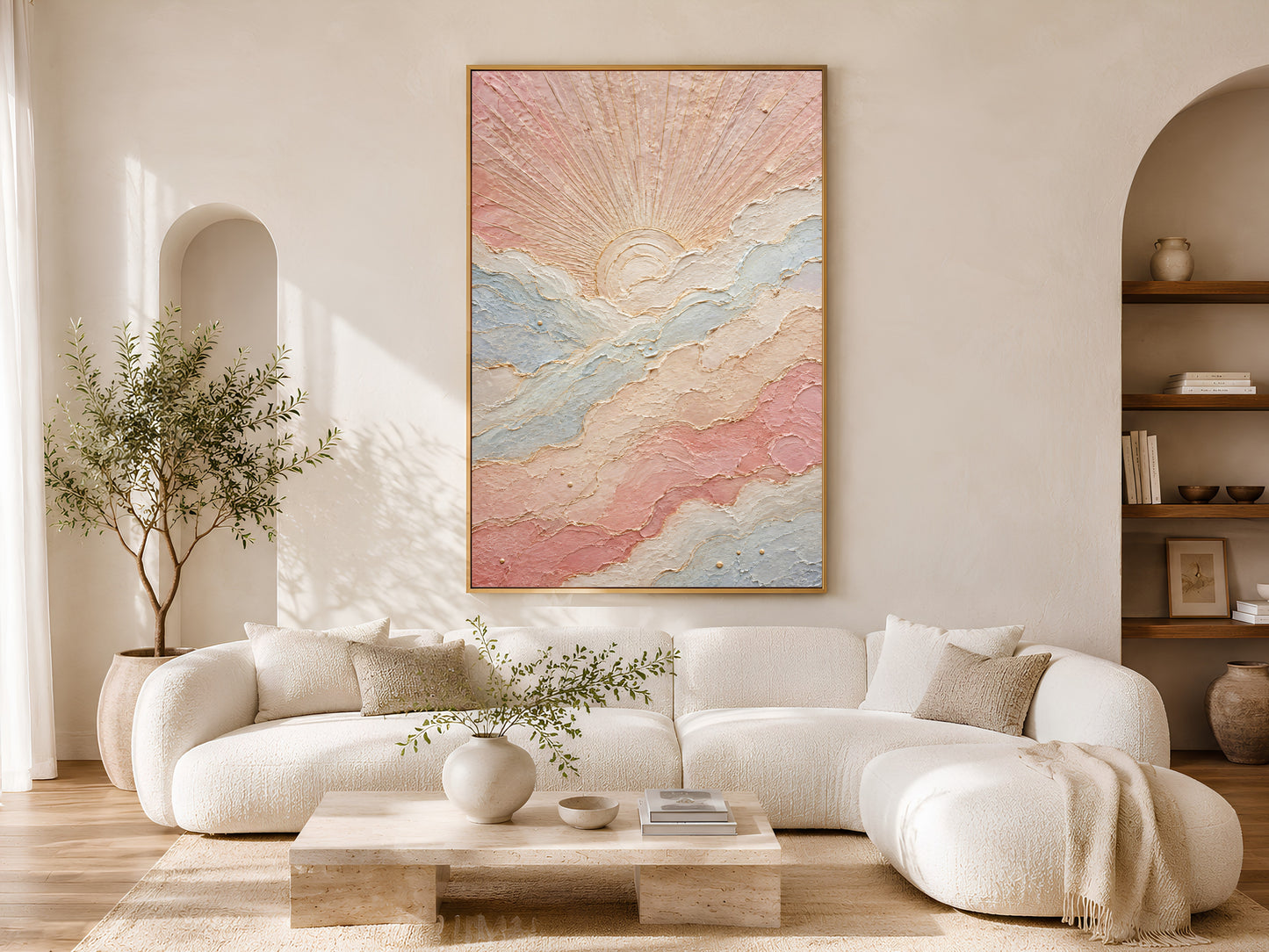 Pastel sun wall art print above cream sofa in living room, boho impasto sunrise painting digital download
