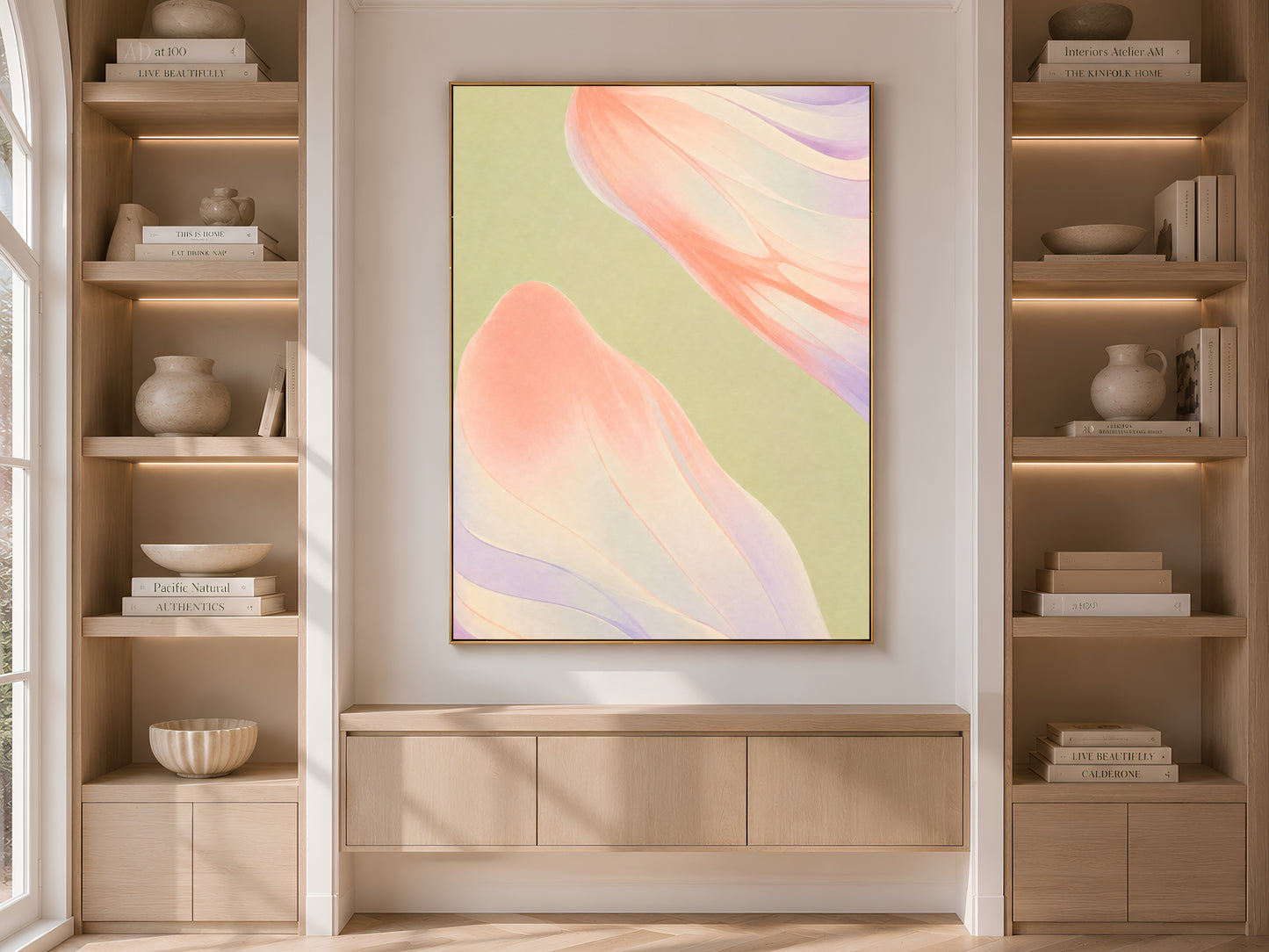 Sage green coral ribbon wall art displayed on wooden shelving with styled decor
