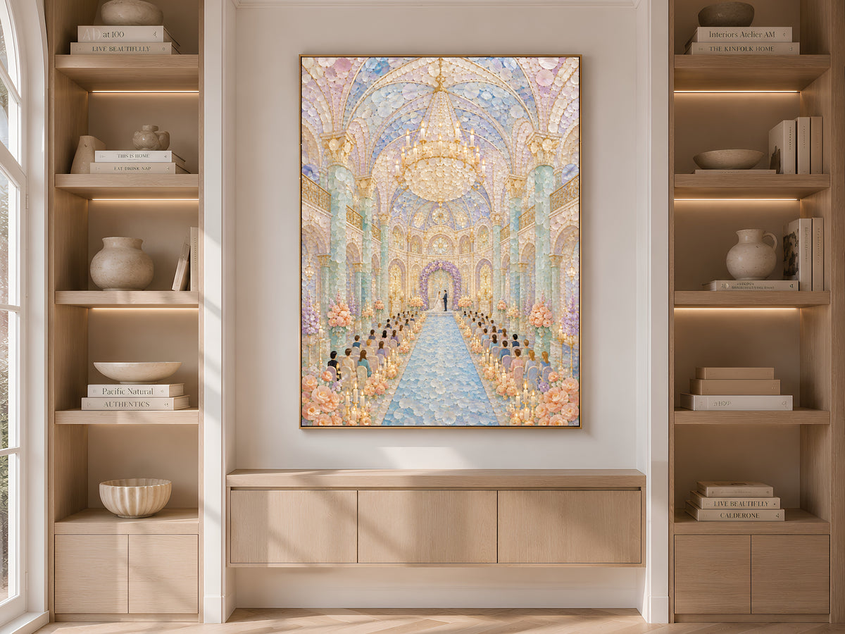 Pastel Wedding Chapel Wall Art, Whimsical Mosaic Cathedral Print - Digital Download