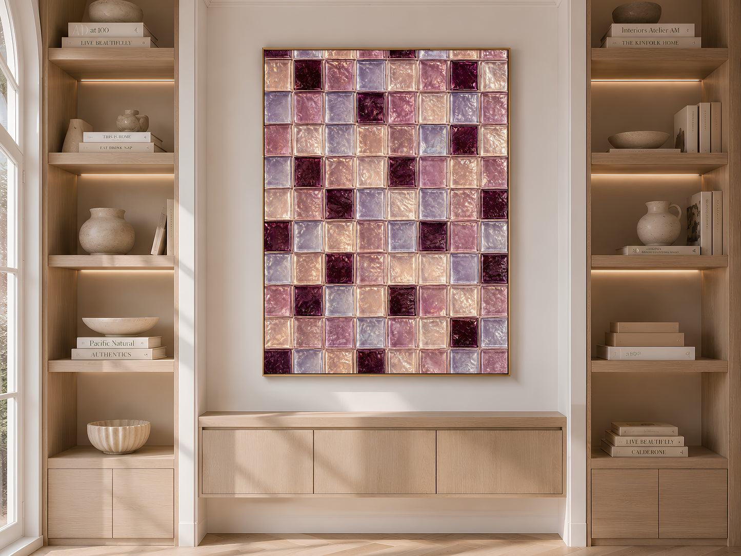 Plum and lavender tile art framed on built-in shelving with books and decor