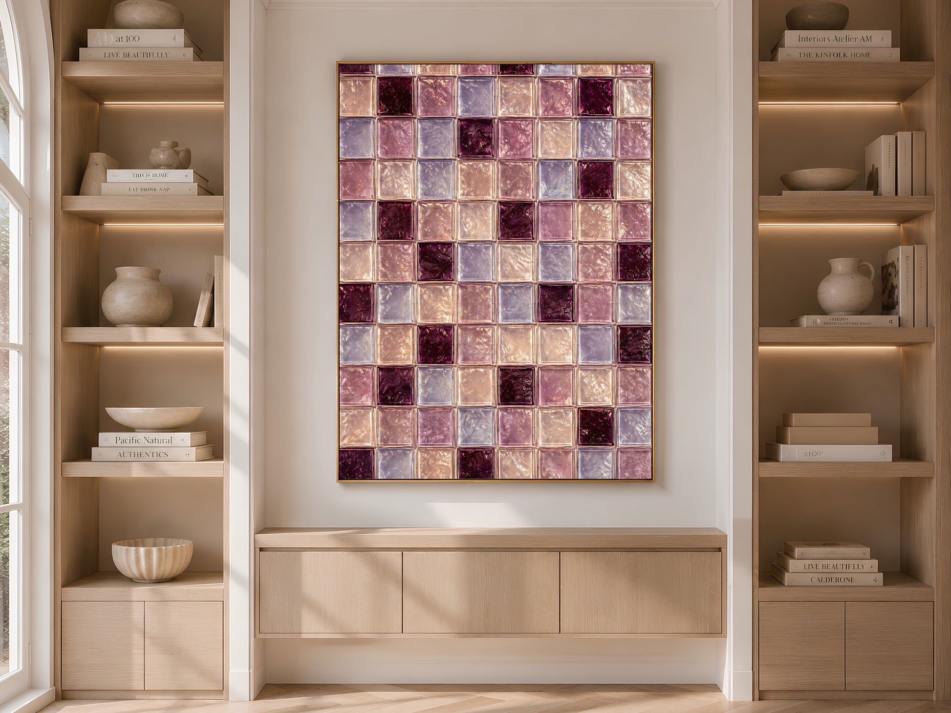 Plum and lavender tile art framed on built-in shelving with books and decor