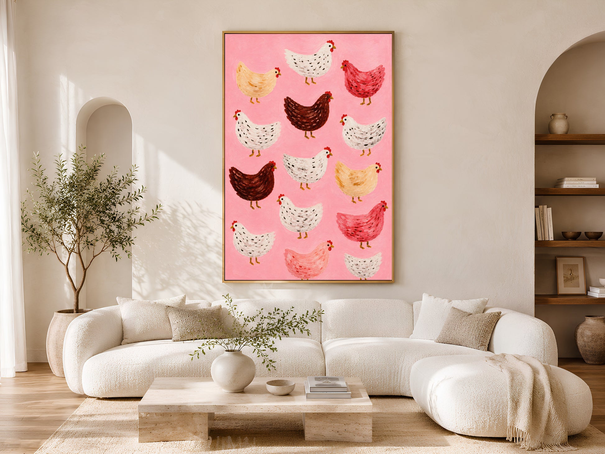 Framed impasto flock of chickens wall art on warm white wall in minimal living room with curved cream sofa and arch window
