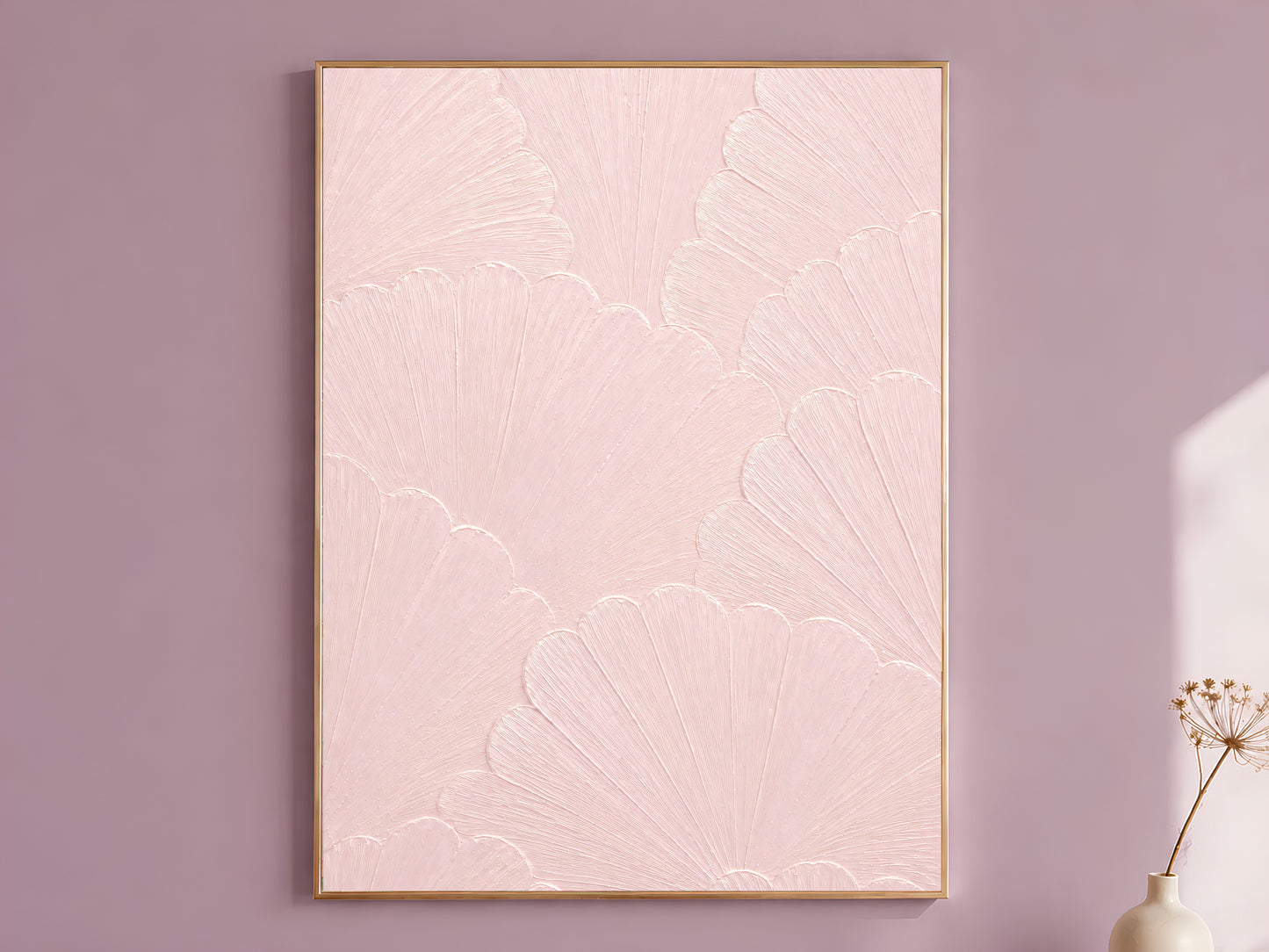 Ballet pink scallop mosaic print in a thin gold frame against a mauve wall with dried flowers, coquette wall art