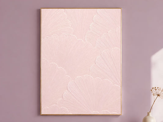 Ballet pink scallop mosaic print in a thin gold frame against a mauve wall with dried flowers, coquette wall art