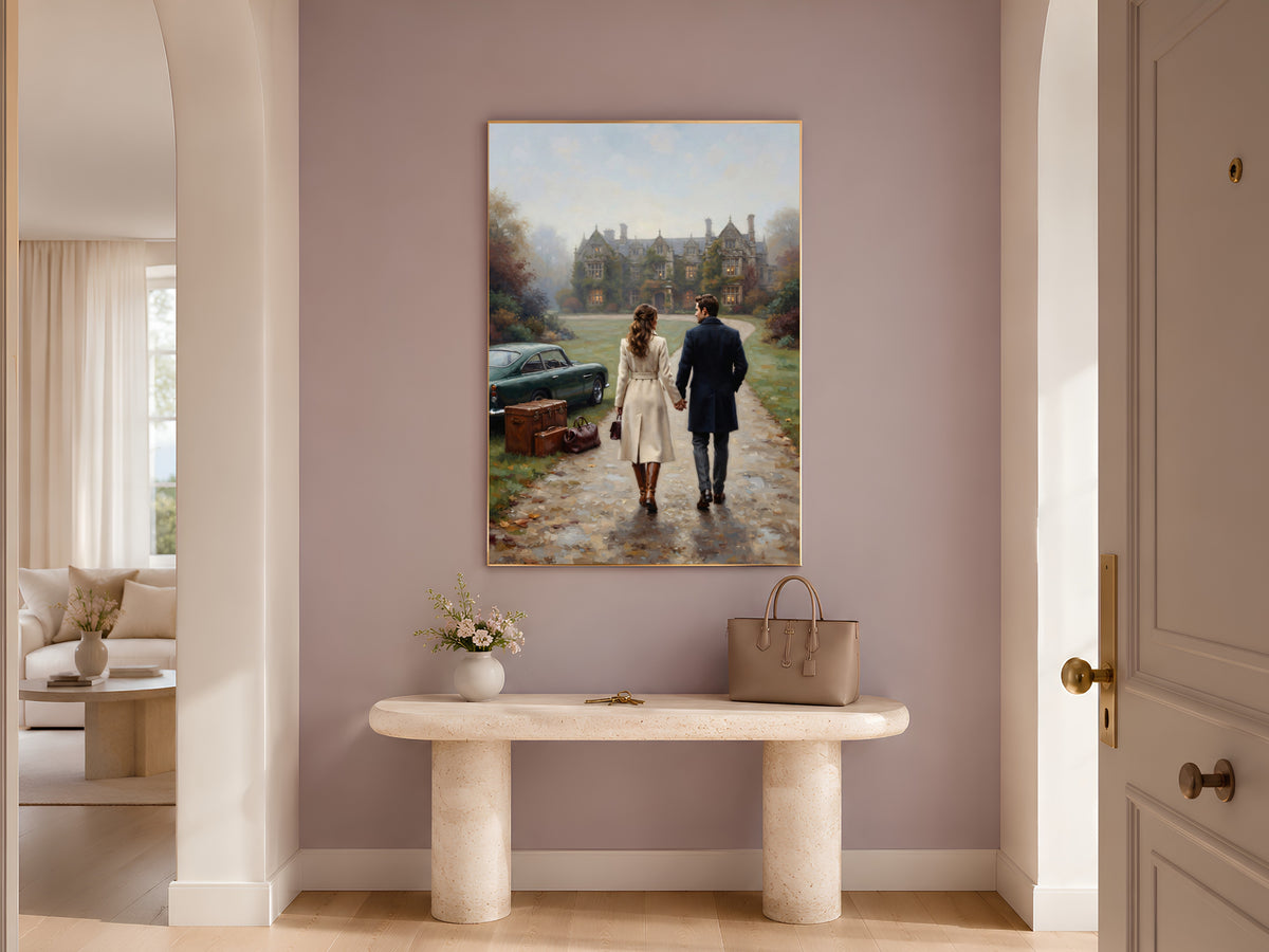 English Manor Estate Wall Art, Autumn Couple Oil Painting Print - Digital Download