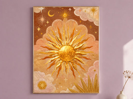 The Sun tarot wall art print, gold sunburst illustration with clouds and stars, vintage celestial mystical digital download