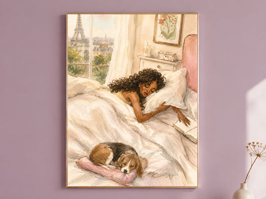 Framed Paris bedroom illustration print of a woman reading in bed with a sleeping beagle