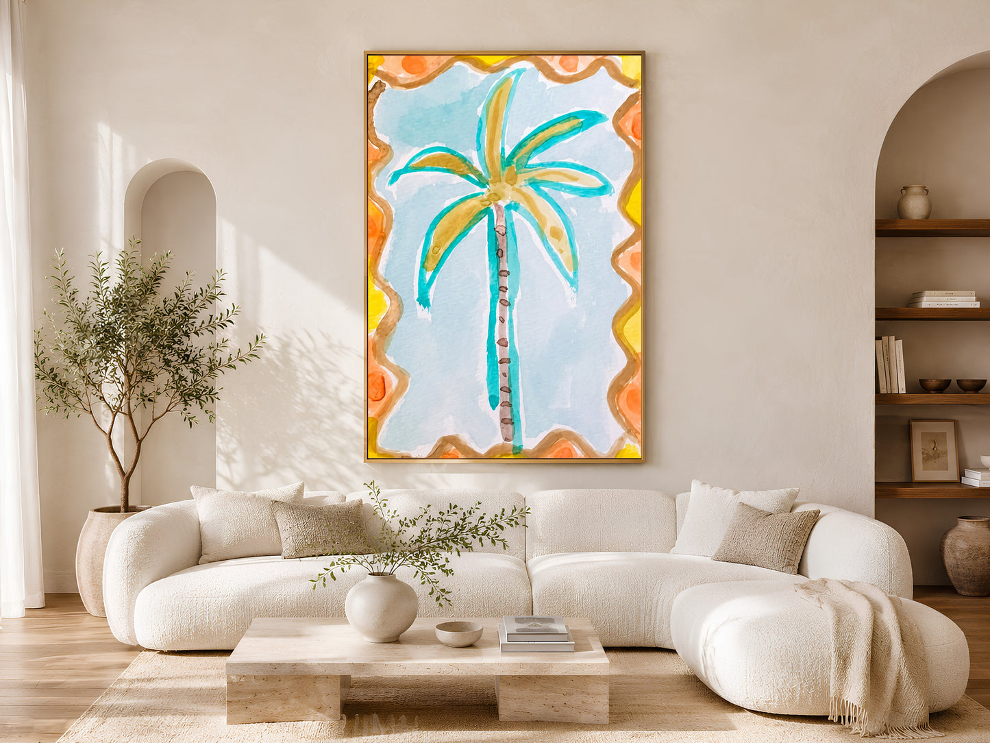 Retro palm tree wall art in a gold frame displayed above a curved white sofa in a bright Scandinavian living room with warm wood coffee table and natural light
