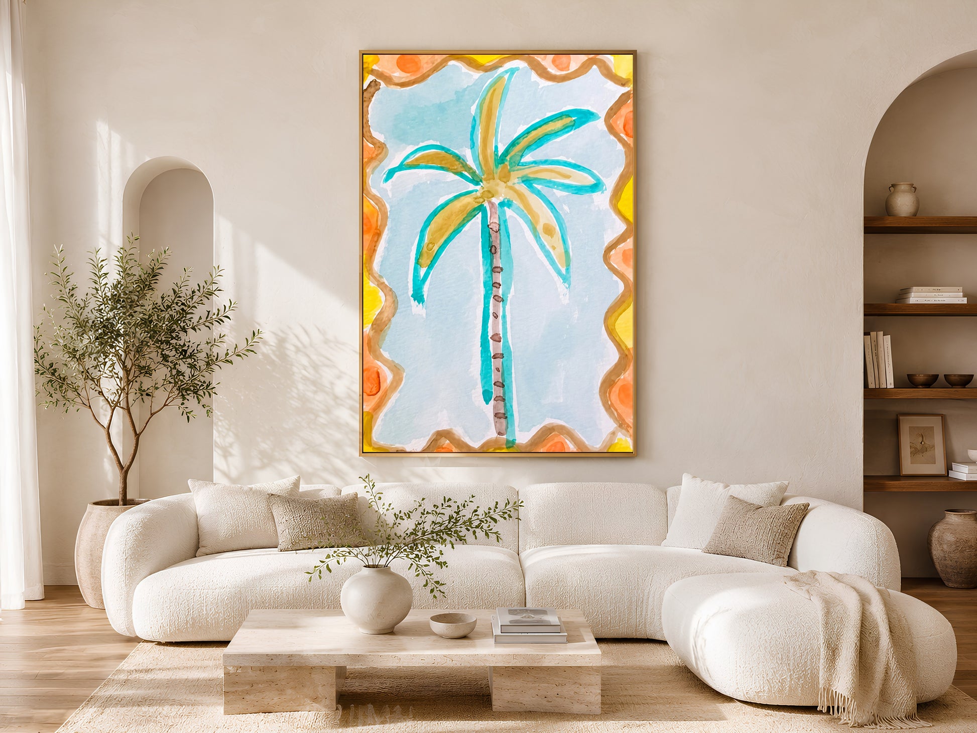 Retro palm tree wall art in a gold frame displayed above a curved white sofa in a bright Scandinavian living room with warm wood coffee table and natural light
