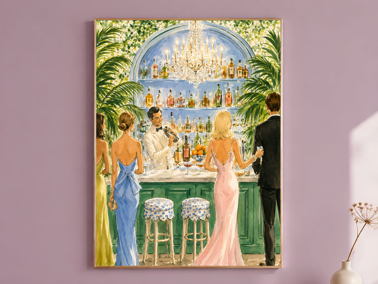 Cocktail party wall art print in a gold frame hanging on a dusty mauve wall beside a vase of dried flowers.

