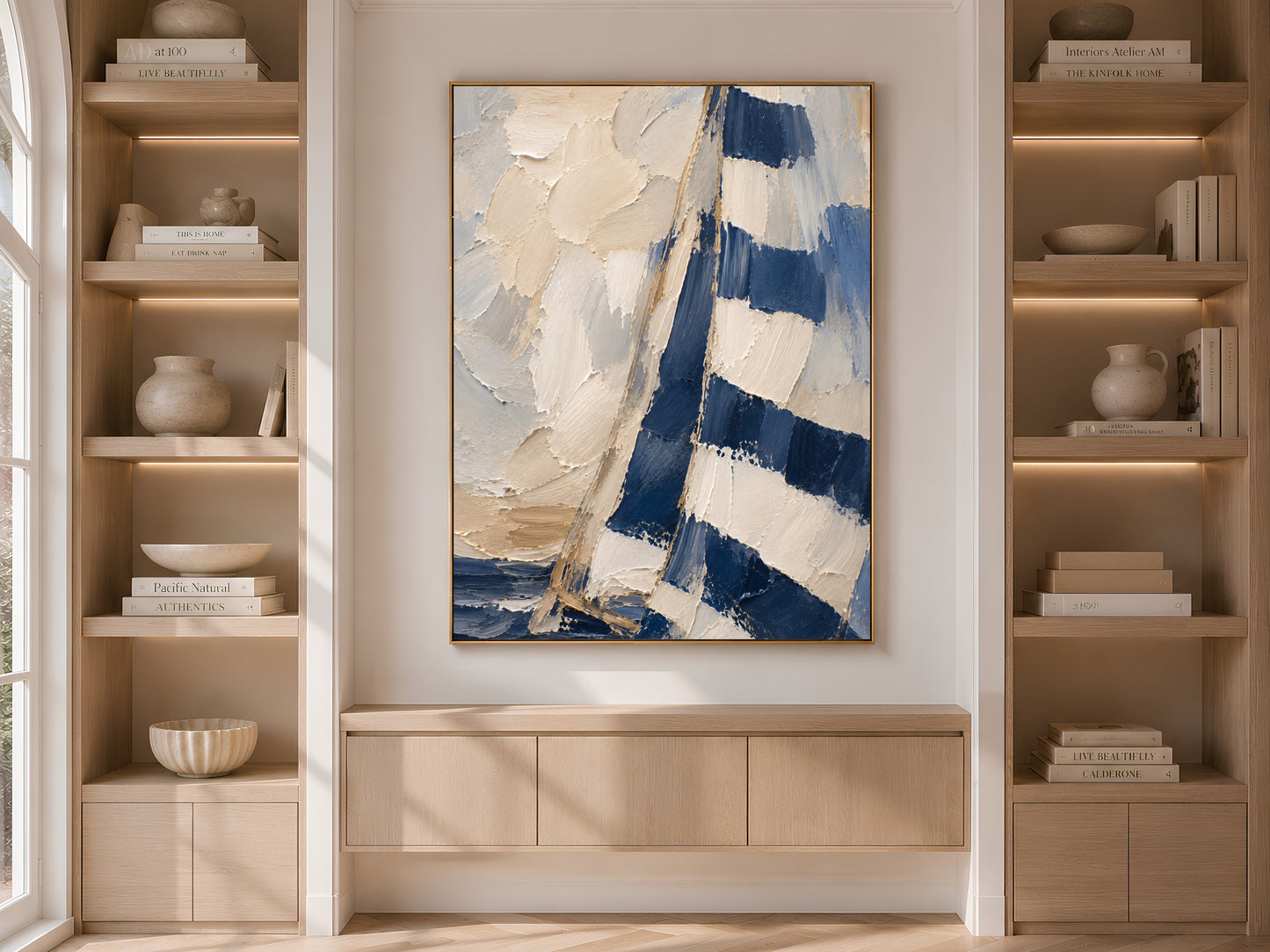 Navy sailboat wall art print displayed above a built-in cabinet between wooden bookshelves