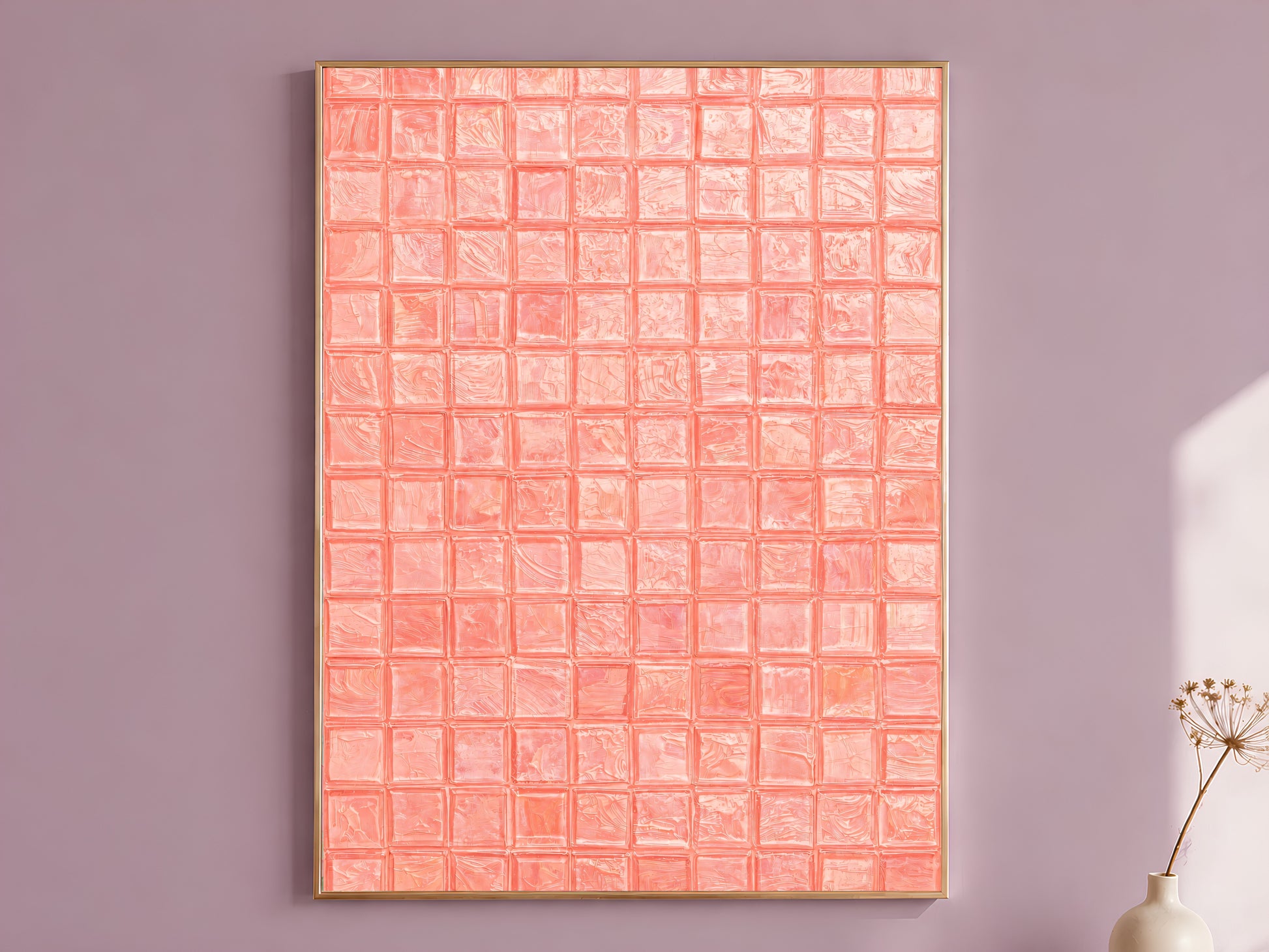 Salmon coral impasto mosaic tile wall art in a thin gold frame leaning against a dusty mauve wall with a dried allium stem in a cream vase beside it

