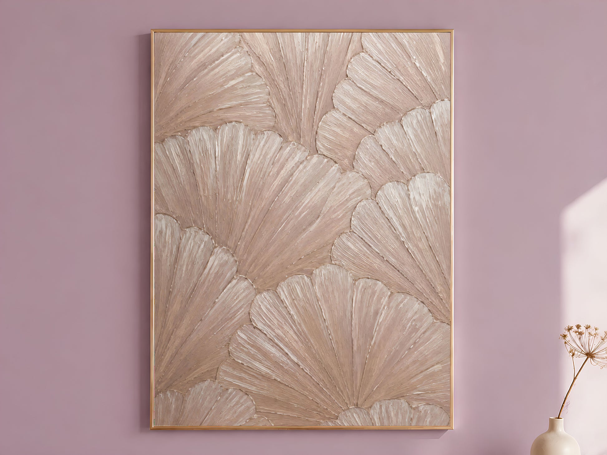 Dusty rose scallop mosaic print in a thin gold frame against a mauve wall with dried flowers, terracotta wall art
