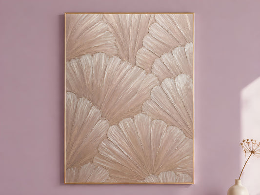 Dusty rose scallop mosaic print in a thin gold frame against a mauve wall with dried flowers, terracotta wall art
