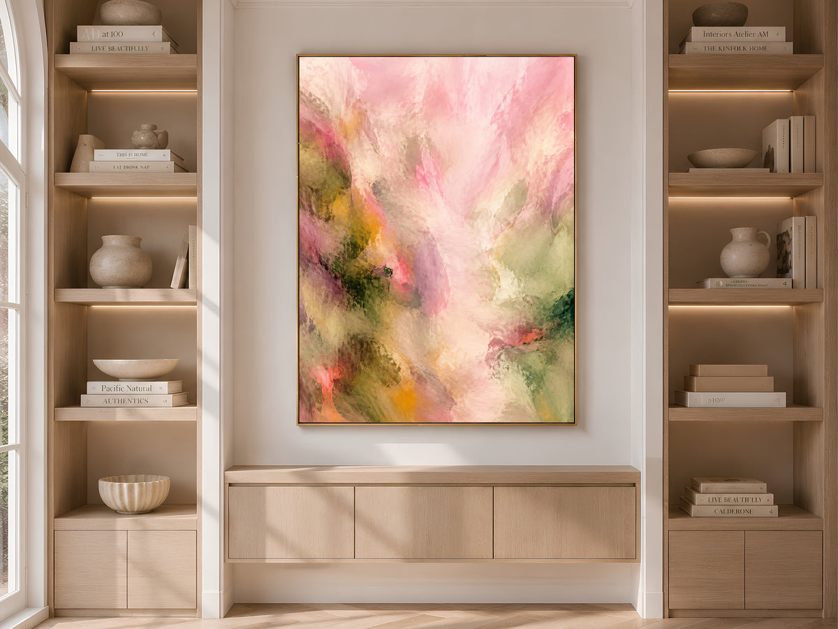 Pink Green Abstract Wall Art, Impressionist Floral Print - Digital Download