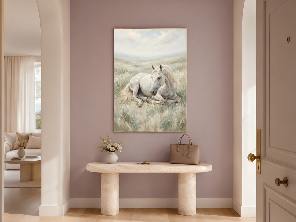 White Horse Wall Art, Wildflower Meadow Oil Painting Print - Digital Download