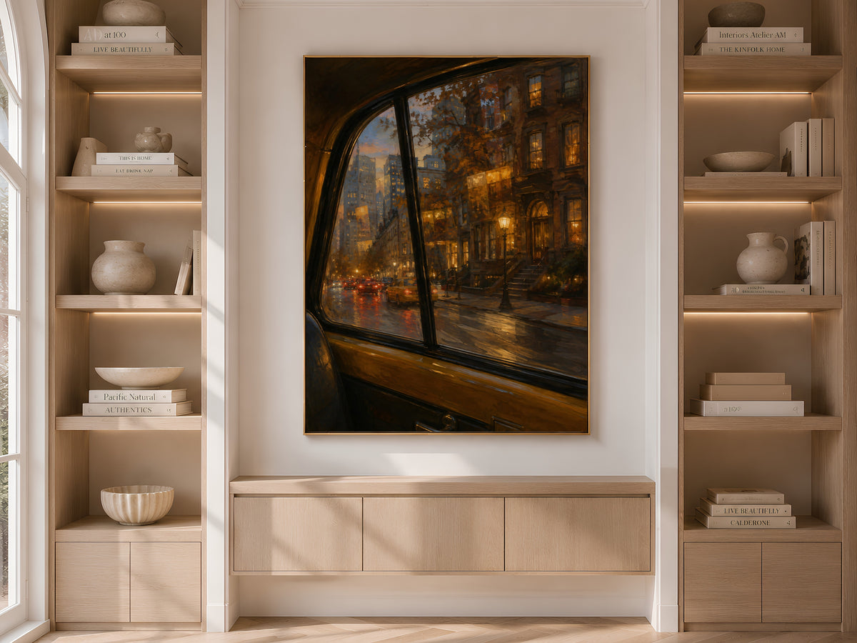 Rainy New York Night Wall Art, NYC Taxi Window Print, Moody City Painting - Digital Download