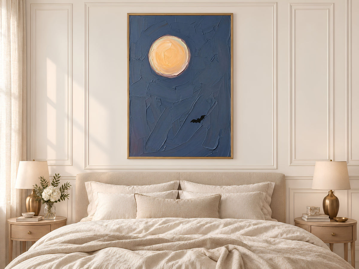 Moon and Bat Wall Art, Impasto Oil Painting Print - Digital Download