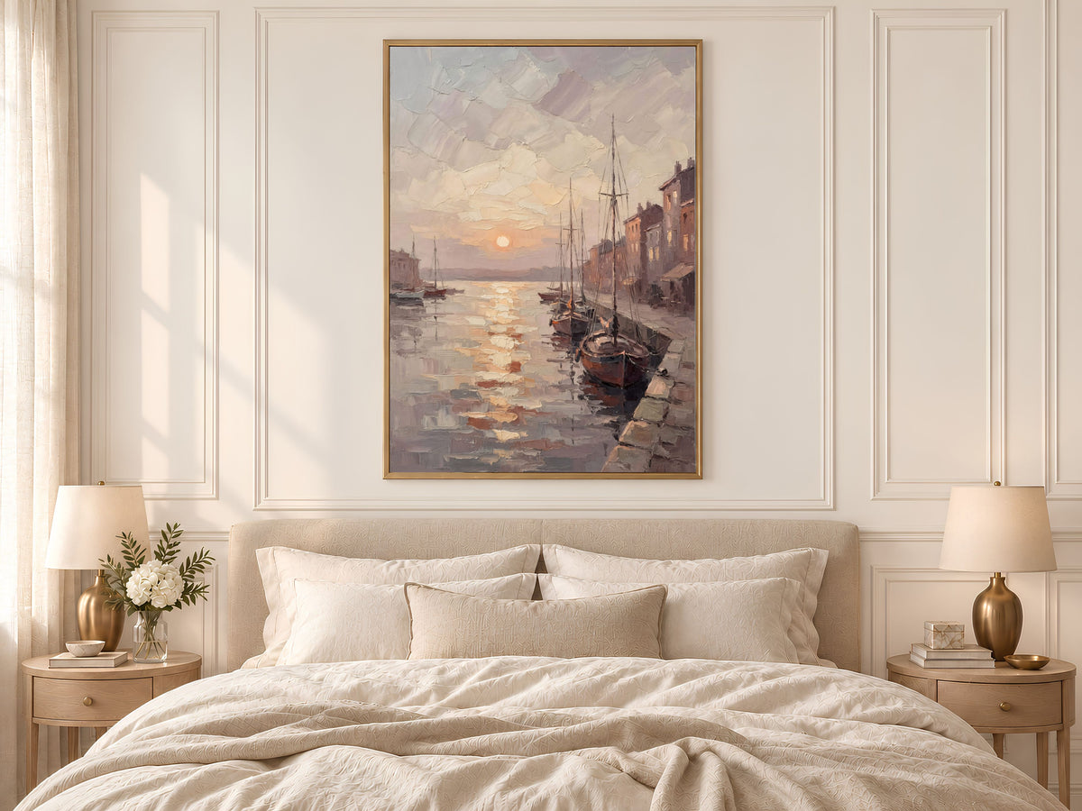 Harbor Sunset Wall Art, Impasto Oil Painting Print - Digital Download